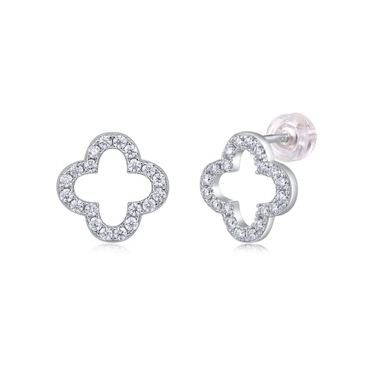 925 Sterling Silver Clover Stud Earrings - Platinum Plated & Brilliant Moissanite Diamonds - Luxury Jewelry Gift